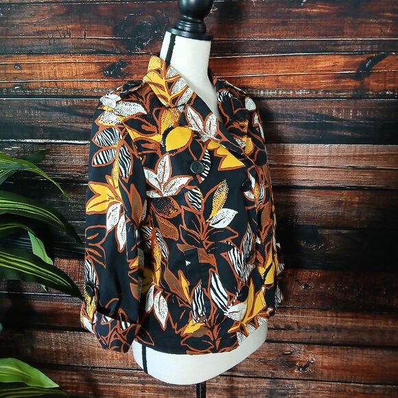 Ruby Rd Jacket Size 10 Cropped Cotton Blazer 3/4 Sleeve Urban Tribe Leaf Print - Picture 8 of 10